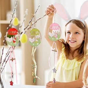 Easter egg-shaped wooden pendant featuring hand-painted rooster and floral patterns