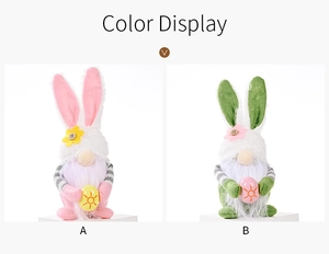 Detailed view of pink and green Easter bunny gnomes with plush fur and colorful eggs
