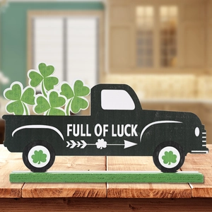St. Patrick's Day wooden black truck tabletop decor with green shamrocks and Lucky text