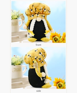 Detailed front and side views of a bee gnome plush featuring a honey dipper wand