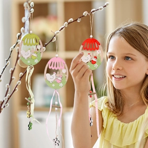 Easter wooden egg pendant with laser-cut rooster and chicken scene for holiday decoration