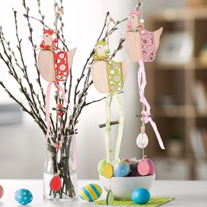Three-piece Easter wooden rooster hanging decorations with hollow patterns and colorful eggs