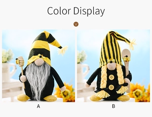 Detail view of Bee Gnome decor with honey stirrers and striped hats on a sunny background