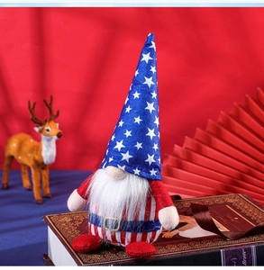 Close-up of patriotic gnome plush with star patterns and stripes for Independence Day