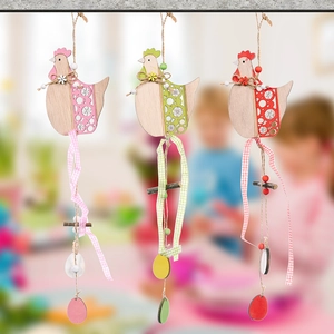 Set of three creative wooden Easter rooster hanging ornaments with colorful egg pendants