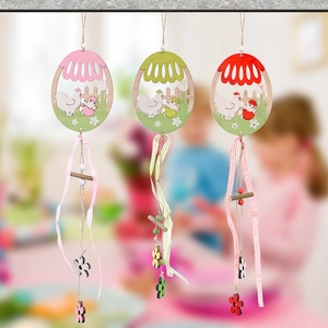 Easter decorative wooden egg pendants with colorful hen and floral laser-cut scenes