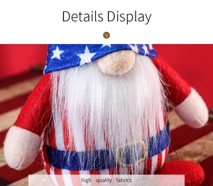 Detail display of patriotic gnome with USA flag patterns and high quality fabrics