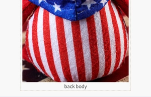 Close-up of the plush gnome back body with red and white American flag fabric stripes