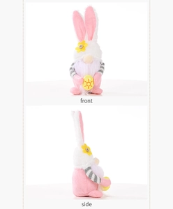 Front and side view of plush Easter gnome with pink bunny ears holding a yellow egg