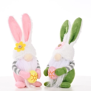 Handmade Easter gnome plush dolls with pink rabbit ears and colorful patterned eggs