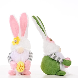 Easter gnome plush doll set with pink ears and striped sleeves holding colorful eggs
