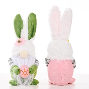 Easter gnome plush toys with pink bunny ears and plaid hats for home decoration
