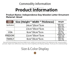Size chart showing dimensions and weight for USA wooden patriotic table decorations