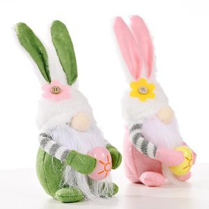 Easter bunny gnomes set with pink ears and plaid hats holding colorful eggs for decor