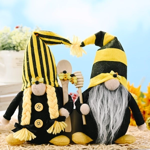 Bee gnome plush dolls with yellow stripes and honey tools for Christmas home decor
