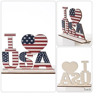 Front, side and back views of an 'I Love USA' wooden star-spangled banner desktop sign