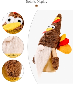 Detail display of Thanksgiving turkey gnome showing plush whiskers and colorful tail feathers