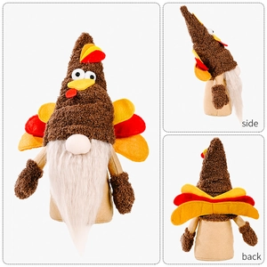 Front, side, and back views of a plush Thanksgiving turkey gnome with colorful felt feathers