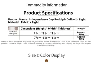 Size chart for Independence Day Rudolph dolls with detailed fabric and weight specs