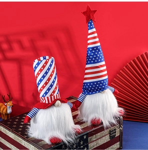 Macro detail of Fourth of July gnomes with star-spangled hats on a vintage American suitcase