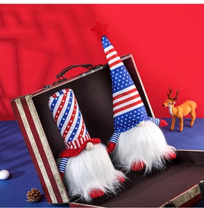 Patriotic 4th of July gnomes with US flag stars and stripes inside a vintage suitcase