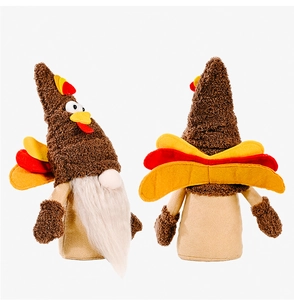 Detailed view of Thanksgiving turkey gnome plush with felt feathers and brown plush hat
