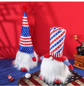 Close-up of Fourth of July gnomes with stars and stripes hat and white beard