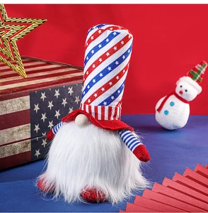 Detail of Fourth of July gnome with stars and stripes hat on a patriotic background