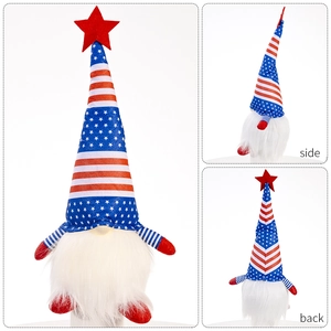 Patriotic July 4th gnome plush with stars and stripes hat, front, side and back views