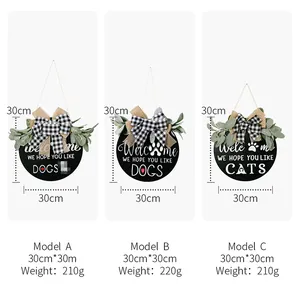 Size specifications and dimensions for 30cm wooden welcome door signs with cat and dog motifs