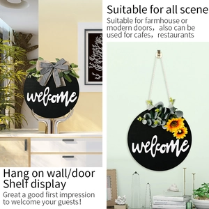 Rustic wooden welcome sign with sunflowers and buffalo plaid bow for home door decoration