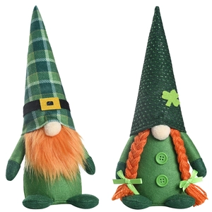 St. Patrick's Day gnome plush set with green plaid and sequin hats featuring orange beards