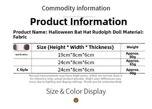 Size chart for Halloween bat hat gnome dolls showing fabric material and dimensions