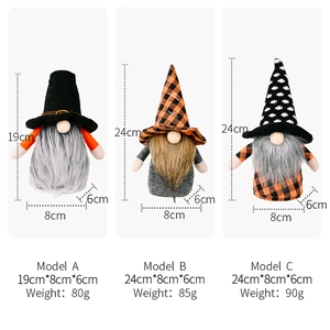 Detailed size and weight specs for Halloween gnome plush ornaments Model A, B, and C