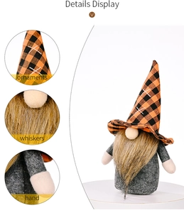 Detail showing plush gnome whiskers and plaid hat texture for Halloween decor