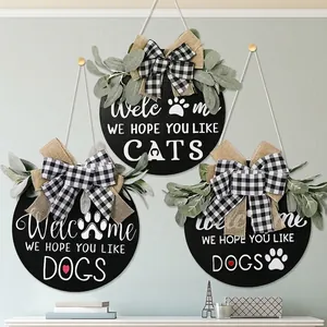 Farmhouse Wooden Welcome Door Sign With Plaid Bow Faux Greenery Home Wall Decor Dog Cat Lovers Round Wood Hanging Plaque