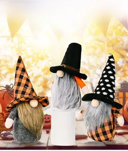 Three Halloween gnomes with plaid and wizard hats set in a cozy autumn scene decoration