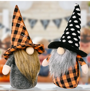 Detail view of two Halloween gnomes with buffalo plaid hats and plush faux fur beards