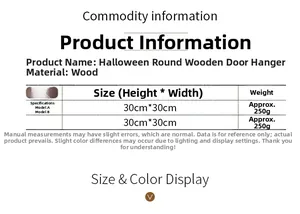 Maattabel voor 30 cm houten Halloween deurbord met materiaal en gewicht specificaties