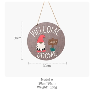 Detail of 30cm wooden garden gnome welcome sign with rustic hanging rope and festive design