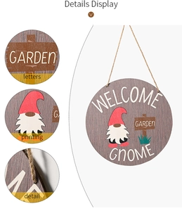 Detail view of wooden welcome gnome garden sign with macro shots of printing and rope