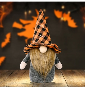 Detail of Halloween gnome with orange plaid hat, long brown beard and plush textures