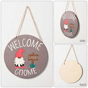 Three-sided view of a wooden gnome garden sign with welcome text and rustic jute rope