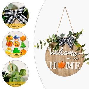 Round wooden welcome door sign with interchangeable magnetic seasonal holiday ornaments