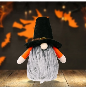 Close-up of Halloween gnome plush toy with black pointed hat and long grey beard detail