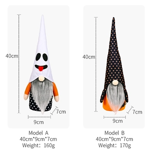 Detailed size and weight specs for Halloween gnome plush set featuring two different styles
