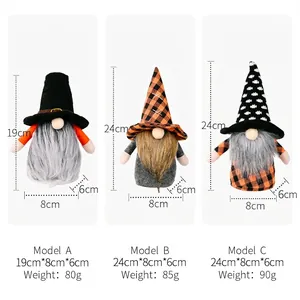 Three Halloween gnome plush dolls with size charts for spooky home window decorations