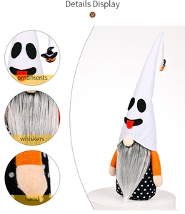 Detailed view of Halloween gnome with white ghost hat, grey beard and pumpkin accent
