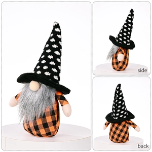 Halloween gnome plush with polka dot hat and plaid body shown from front, side, and back