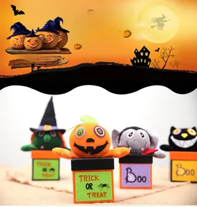 Detailed Halloween plush character gift boxes featuring pumpkin, witch, vampire, and black cat